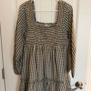 Women’s Plaid Smocked Long-Sleeve Dress - Beige & Navy